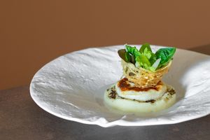 Tomino cheese, potato, lattuce at Bis Osteria Italiana Contemporanea in Colle Di Val Delsa