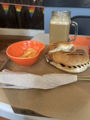 Latte and bagel with vegan cream cheese   at October Cafe in Chicago