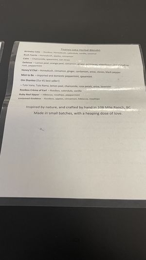 Yea menu  at Soulstice Tea Room & Noshery in 100 Mile House