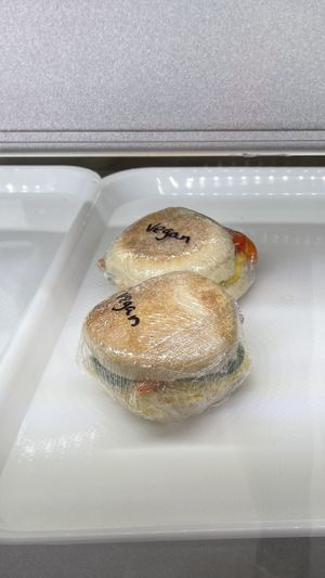 Breakfast sandwiches with Just Egg, spinach, peppers, onions & vegan Boursin   at Soulstice Tea Room & Noshery in 100 Mile House