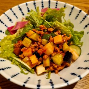 Tantan Mazesoba rice noodles, tomato puree, miso, soy meat 9 € at Vegan and Gluten Free Osaka. - The Second Room Cafe in Osaka