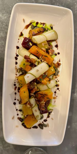 ROASTED & PICKLED BEETROOTS, ROAST BUTTERNUT SQUASH, pickled
pear, candied walnuts, spiced apple chutney, toasted seeds, cold pressed Bath
harvest lemon rapeseed oil at Clayton's Kitchen in Bath