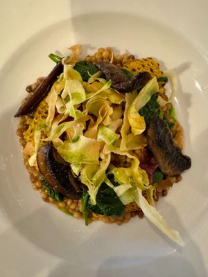 TOASTED FREGOLA PASTA, PENNY BUN MUSHROOM SAUCE, sautéed portobello mushroom, vegan
almond parmesan cheese, chargrilled sweetcorn, black truffle oil, crispy parsnips at Clayton's Kitchen in Bath