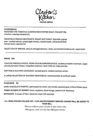 Clayton's Kitchen vegan menu - November 2024 at Clayton's Kitchen in Bath