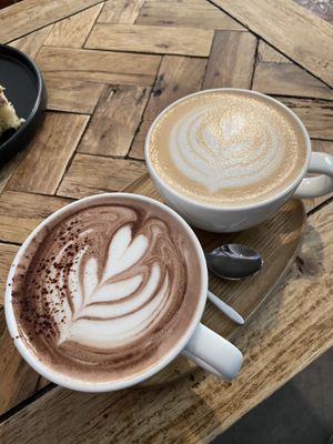Hot oat chocolate and coconut chai latte   at Version Coffee in Prague