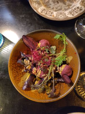 Tapas #3 with purple carrot and pumpkin cream at Planttrekkerij  in Antwerpen