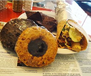 A tofu wrap and some yummy vegan cookies at Sunshine Natural Foods Cafe in Grants Pass