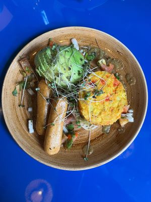 HUEVOS CON CHORIZO - TOASTED SOURDOUGH, VEGAN SAUSAGE, VEGAN SPANISH OMELETTE, AVOCADO, PICO DE GALLO, SALSA VERDE at Panama in Belfast