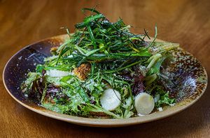 Jerusalem Leek Salad with Vegan Parmesan
Jerusalem Sunchoke, Crispy Leek, Crispy Shitake, Hearts of Palm, Meyer Lemon Pepper Vinagrette at Sushi Tokyo  in Brooklyn