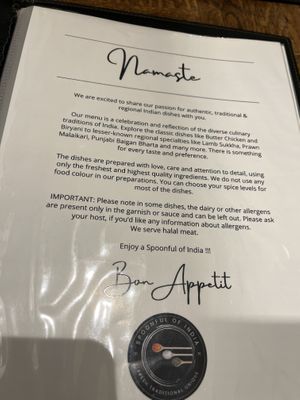 Menu  at Spoonful of India in Brussels