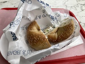 Bagel and tofu, scallion cream cheese  at Bagels & Co in New York City