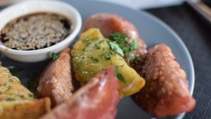 pan fried chickpea pumpkin momos and spicy seitan momos at Momos - Organic Veggie Dumplings in Berlin