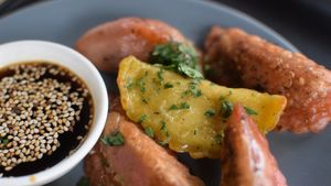 chickpea pumpkin and spicy seitan dumplings at Momos - Organic Veggie Dumplings in Berlin