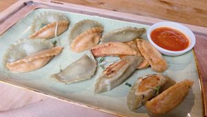 cheeky chickpea & bro-shi-to; half steamed, half fried  at Momos - Organic Veggie Dumplings in Berlin