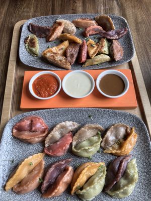 32 dumplings and 3 dips  at Momos - Organic Veggie Dumplings in Berlin