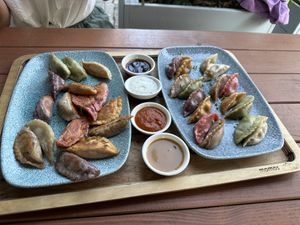Dumplings! Fried on the left and steamed on the right  at Momos - Organic Veggie Dumplings in Berlin