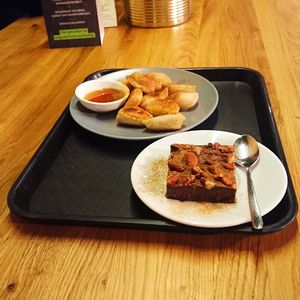 Brownie and banana-dumplings for desssert at Momos - Organic Veggie Dumplings in Berlin