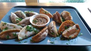 Half steamed/half fried Broccoli-Shitake-Tofu and Mushroom-Potato dumplings with Soy-Sesame dip. at Momos - Organic Veggie Dumplings in Berlin