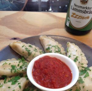 vegan momos! this is the carrot/cabbage with the mitho dip. at Momos - Organic Veggie Dumplings in Berlin