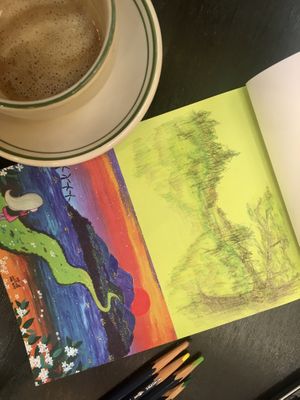 Sketchbook and colouring pencils along with a vegan latte  at jejudobrrwercoffee - 재주도부러워커피 - Maybe closed in Jeju