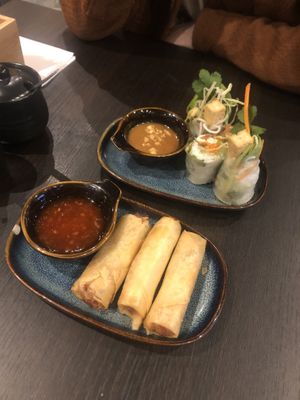 Vegan spring rolls with sweet chilli, and vegan summer rolls with peanut dip    at Pho 179 in Sunderland