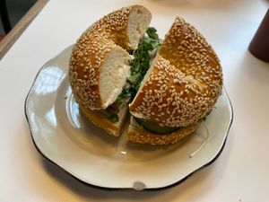 Oatly Cream Cheese spread on an Everything Bagel at Wise Sons Jewish Deli in San Francisco