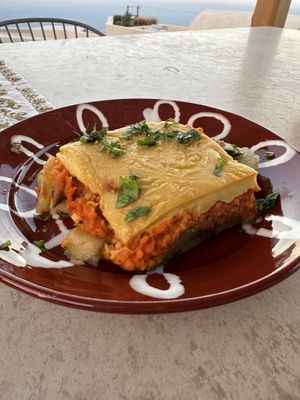 The owner made us traditional Greek meals like moussaka in vegan form. We loved feeling like we could enjoy actual greek food and not just fries and fruit.  at Ethos Vegan Retreat in Santorini