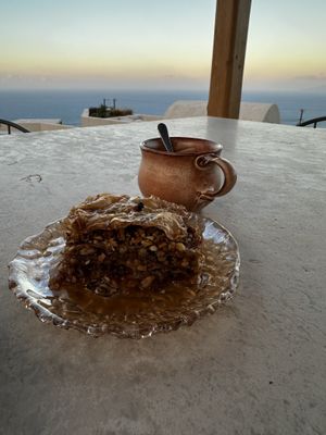 Baklava and the ocean. The best.  at Ethos Vegan Retreat in Santorini