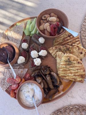 The vegan mezze platter might have been our FAVORITE (beside the gyros). So delicious.  at Ethos Vegan Retreat in Santorini