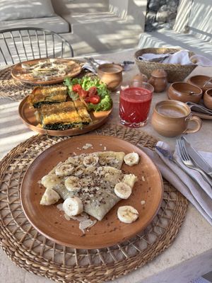 Chocolate crepes and spinach pie   at Ethos Vegan Retreat in Santorini