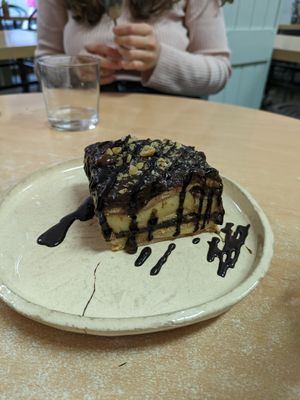 Chocolate and custard cake at La Galla Tasca Vegana in Barcelona