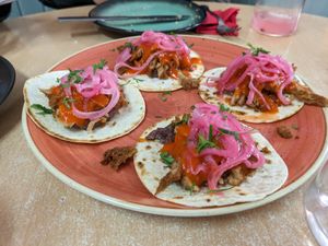 Fried meat tacos at La Galla Tasca Vegana in Barcelona