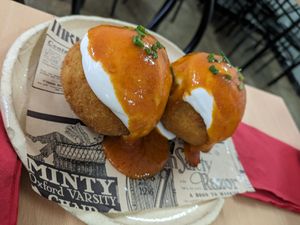 "Bombas" (potato and bolognese giant croquette) at La Galla Tasca Vegana in Barcelona