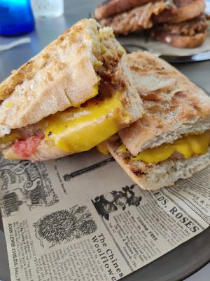 Bocata de queso y lomo at La Galla Tasca Vegana in Barcelona