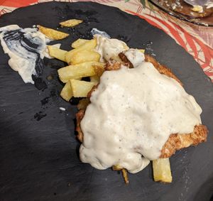 Escalopines al cabrales at La Galla Tasca Vegana in Barcelona