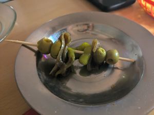 Gilda (skewer of picked olives, hot peppers and anchovies) at La Galla Tasca Vegana in Barcelona