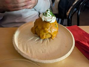 Bomba (meat and potato croquette) at La Galla Tasca Vegana in Barcelona