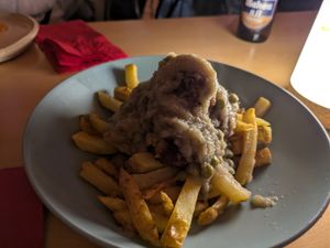 Meatballs and fries at La Galla Tasca Vegana in Barcelona