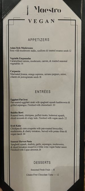 Vegan Menu  at Maestro Bistro & Dinner Club in Greenville