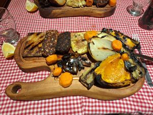 The perfect place to experience a vegan version of local cuisine! We had the 'parilla veggie', Argentine grill made with roasted vegetables, tofu and seitan, which was amazing. at Lo del Manu in El Chalten