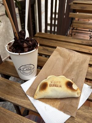 Vegan burger empanada and mocha frappe!   at NaturalMente - Italian Coffee Shop in Toledo