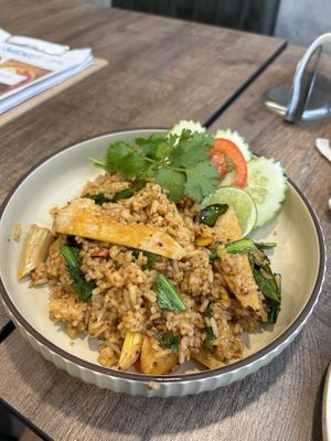 Tom yum fried rich with “shrimp"  at PLANT Passion in Bangkok