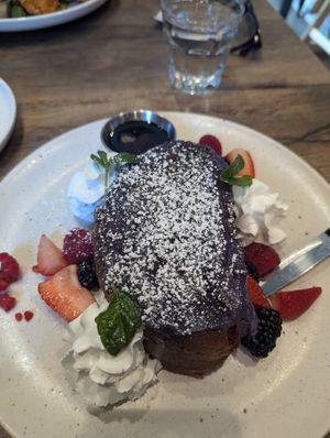 vegan ube French toast special at Peacock Pansy in San Francisco