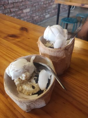 Coconut + coconut and jackfruit icecream with Oreo topping at Bikini Toppings in Malacca