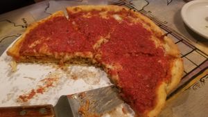 Deep dish with "sausage" and "pepperoni " at Kitchen 17 in Chicago
