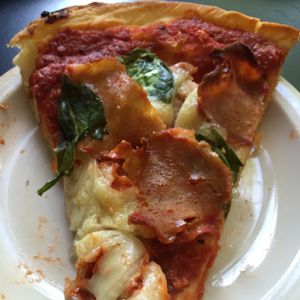 Sicilian style pizza with pepperoni seitan at Kitchen 17 in Chicago