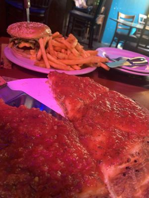 traditional deep dish and a burger with a mountain of delicious fries omnomnomnomnom   at Kitchen 17 in Chicago