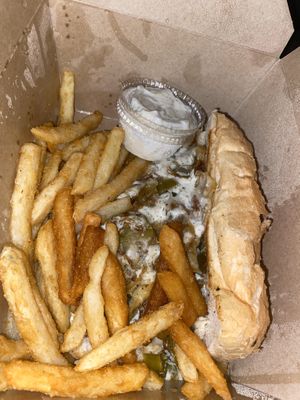 Philly cheesesteak and fries  at Kitchen 17 in Chicago