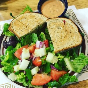 Vegan club and vegan thousand island dressing with Greek salad  at Caffe at Amy's in Buffalo