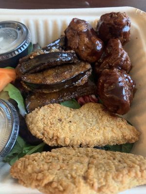 3 wing sampler, “chicken”, eggplant, seitan   at Caffe at Amy's in Buffalo